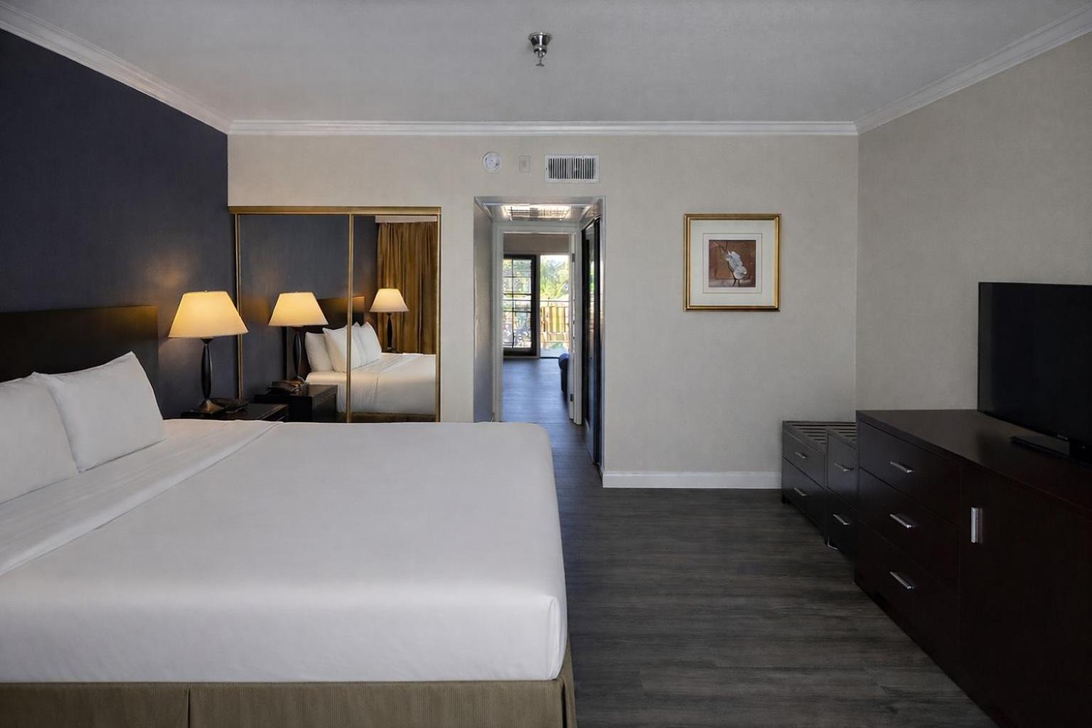 Suite con cama extragrande, sofá cama y vistas al patio